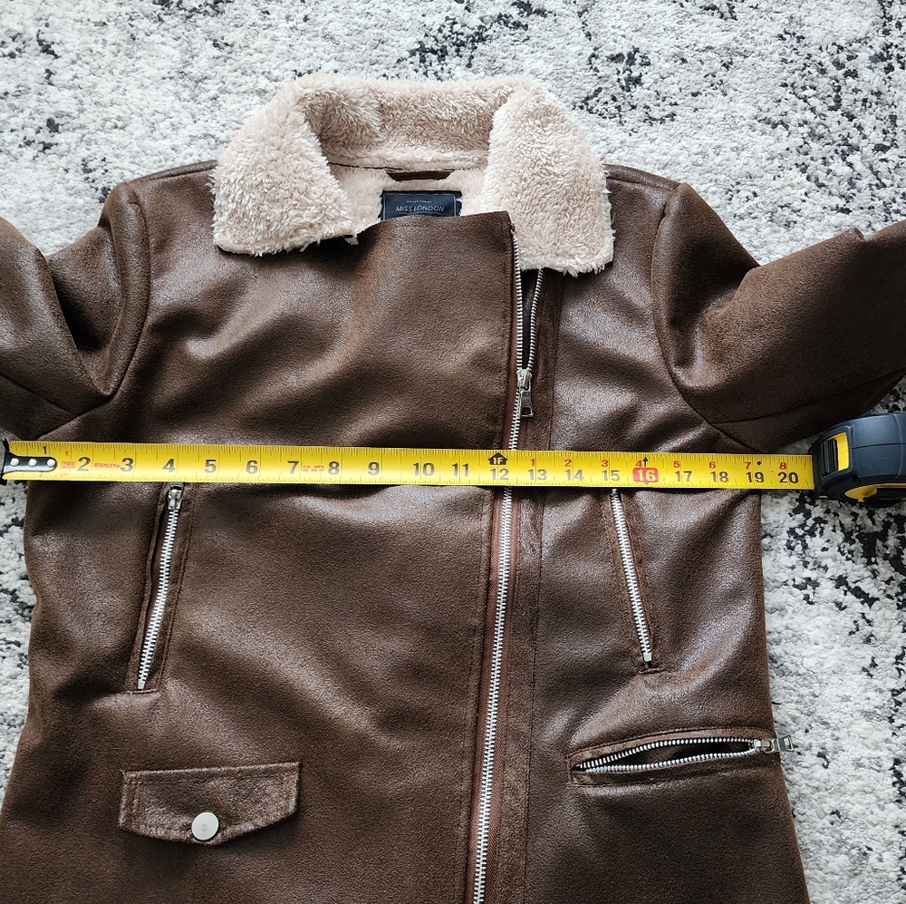 *SOLD* MISS LONDON Faux Leather Aviator Jacket Womens Size M Brown Cream - Picture 6 of 10